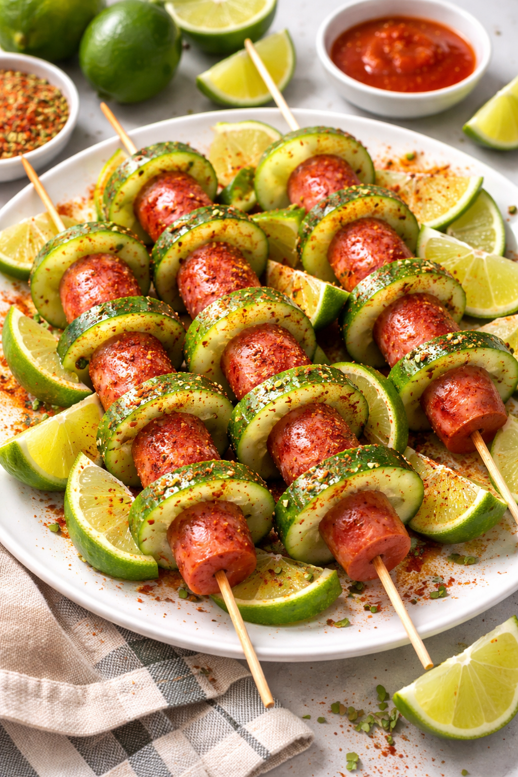 Banderillas frescas de salchicha con pepino y limón