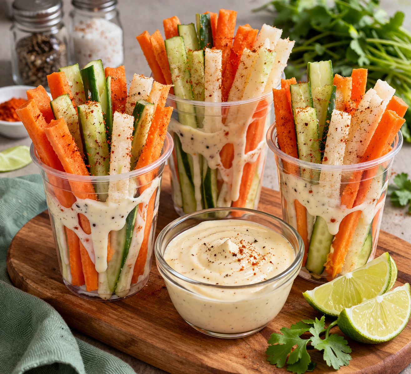 Vasitos de verduras crujientes con aderezo
